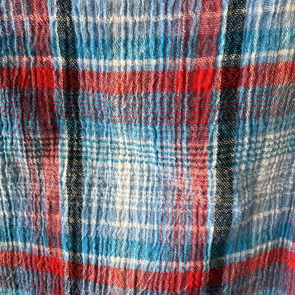 Como vintage blue red plaid crinkle peasant top long sleeve cotton small boho - Picture 5 of 7